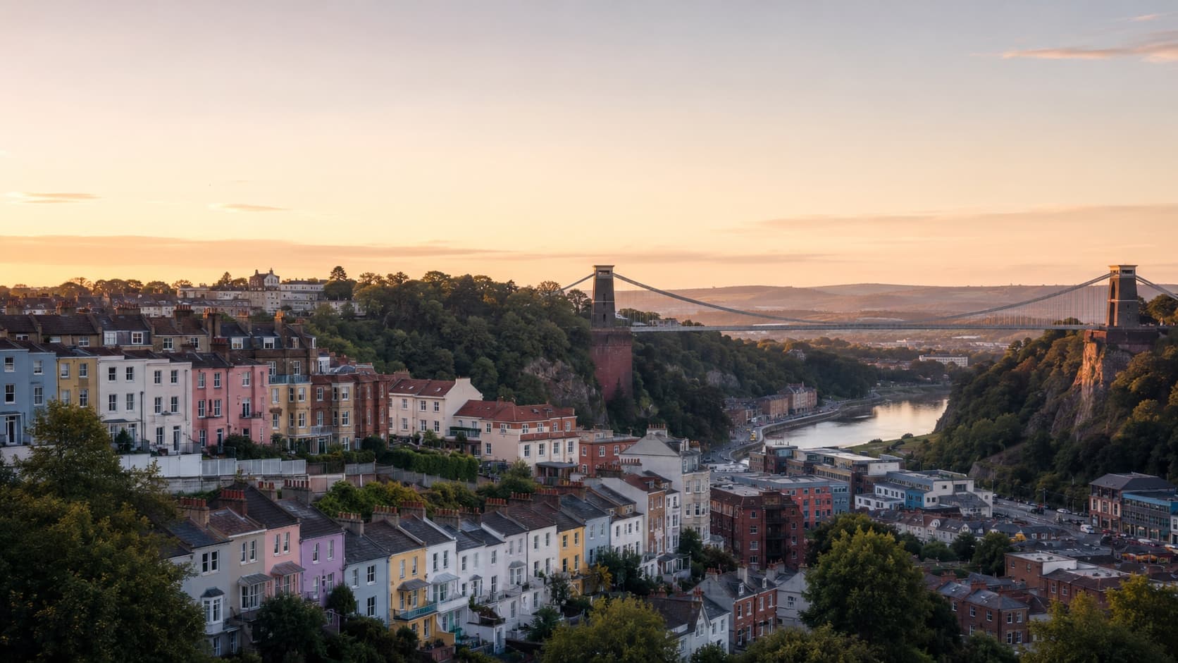 Golden-hour view over Bristol with the Clifton Suspension Bridge