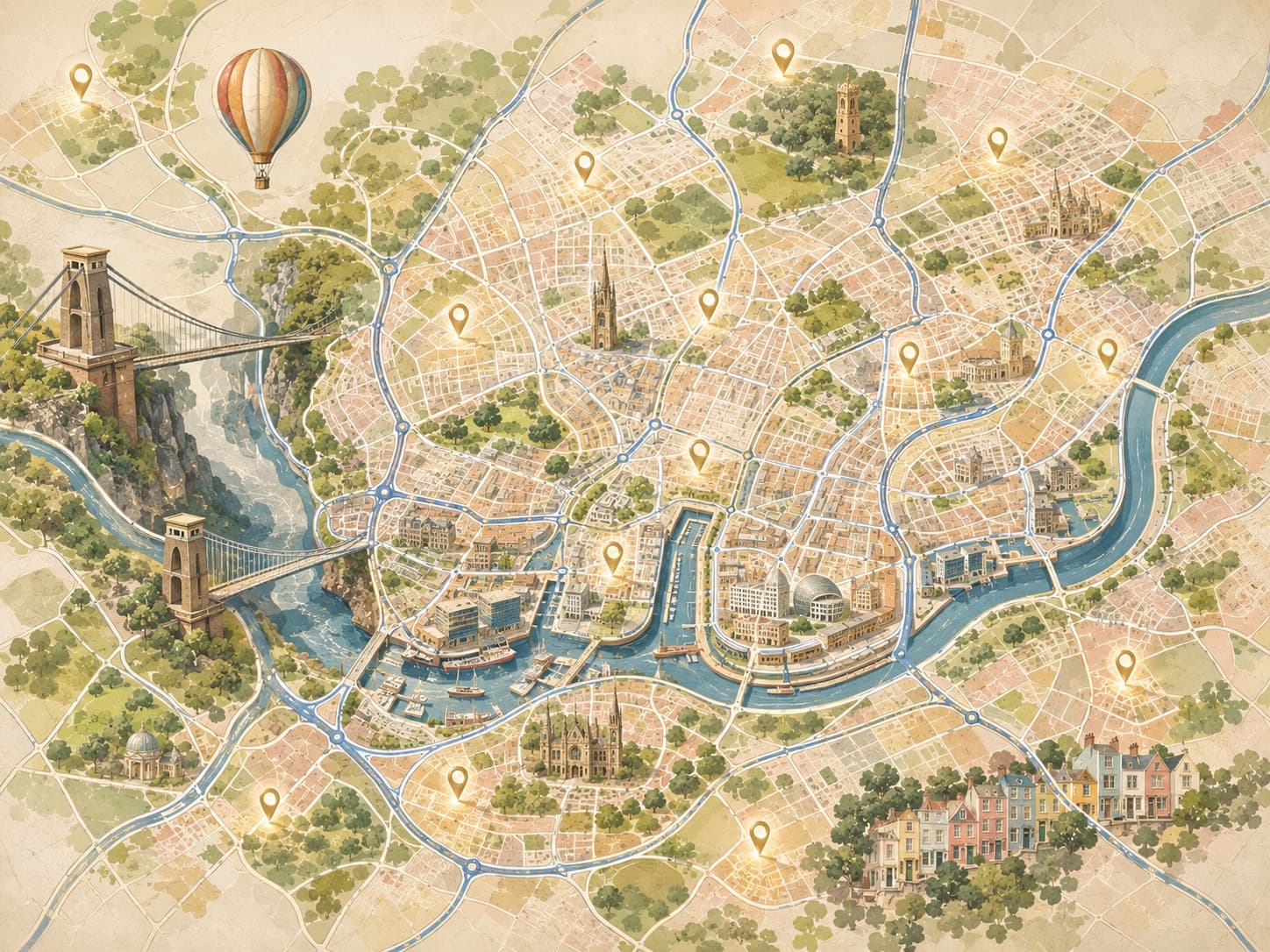 An illustrated map of Bristol and its surrounding areas with location pins across the neighbourhoods