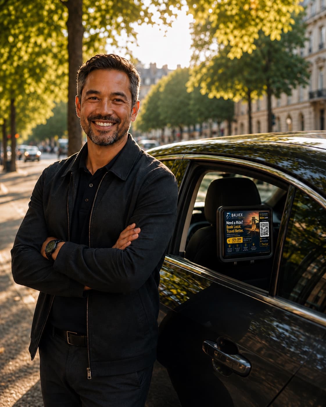 A friendly Chapara driver standing beside their car on a Bristol street